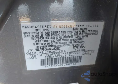 2025 Nissan Kicks Sv Fwd из США, поврежденный, VIN 3N8AP6CA2SL382582